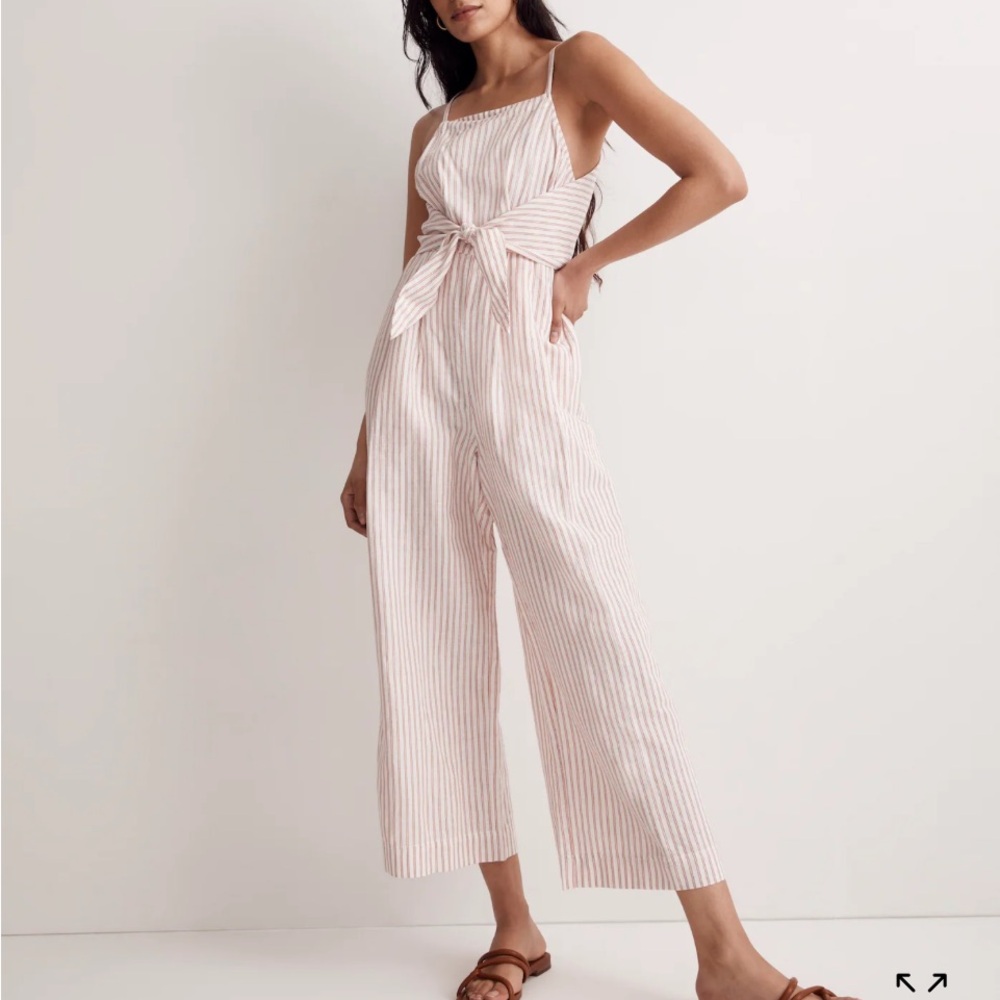 Madewell Tie-Waist Crop Wide-Leg Linen-Blend Jumpsuit in Red Stripe - size 14